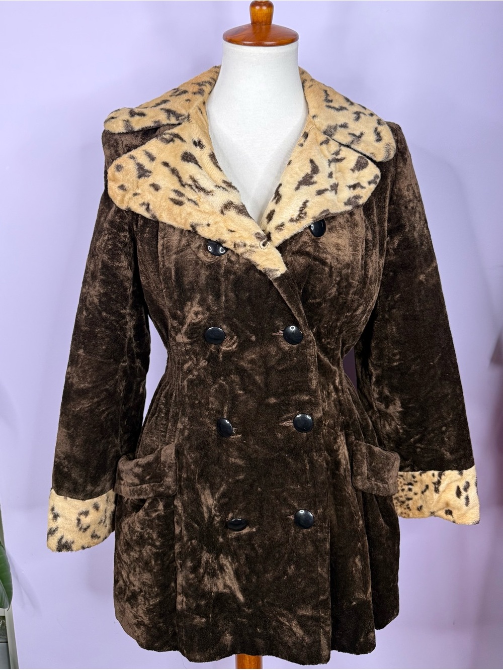Vintage 60's Brown Faux Fur & Leopard/Animal Print Double Breasted Coat
